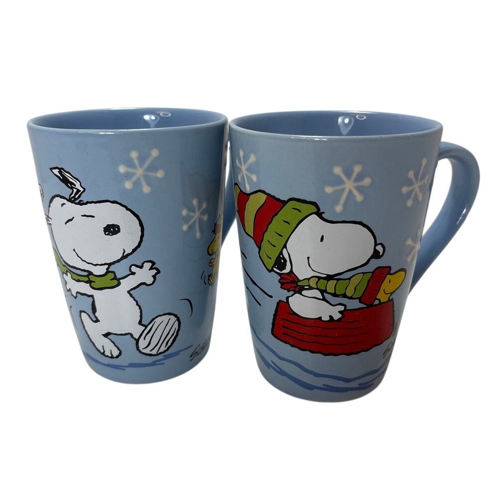 Hallmark Peanuts Snoopy‎ Woodstock Blue Winter Coffee Mug Set 2 12oz Ceramic